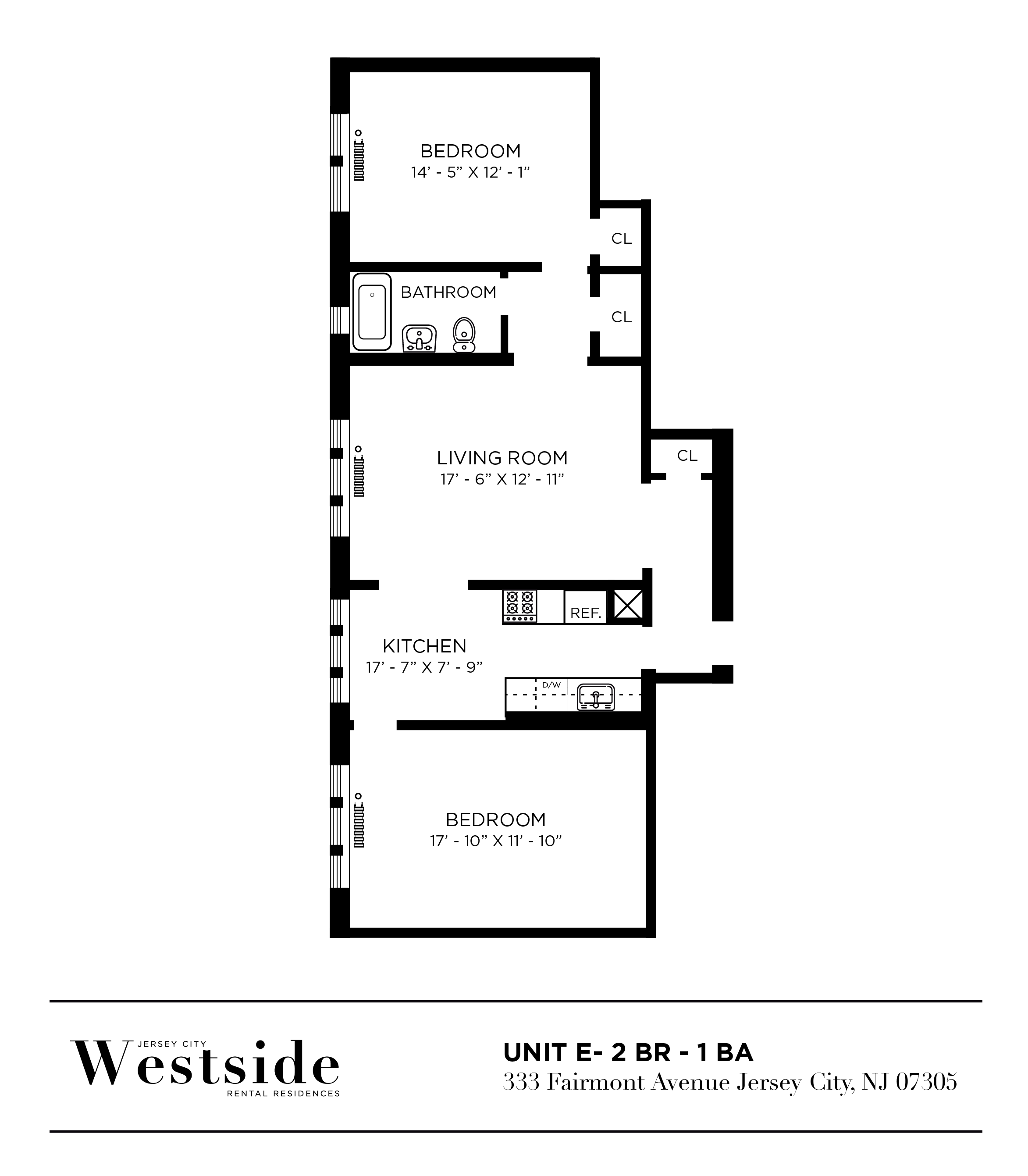 Floor plan for 2 beds, 1 bath, 950 sqft
